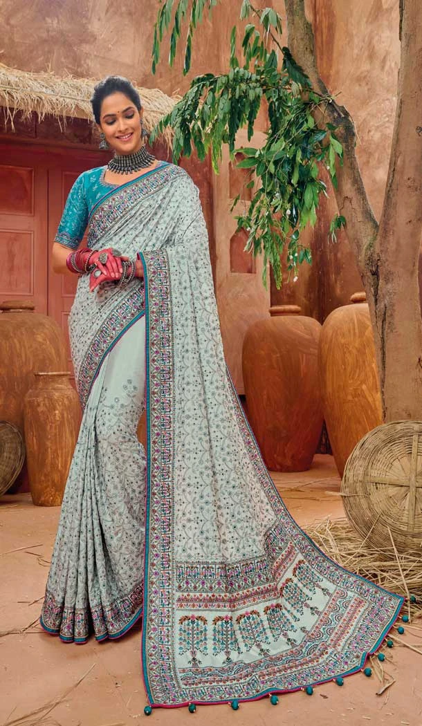 Grey Traditional Banarasi Silk With Diamond And Mirror Work Wedding Wear Saree - 7711177805