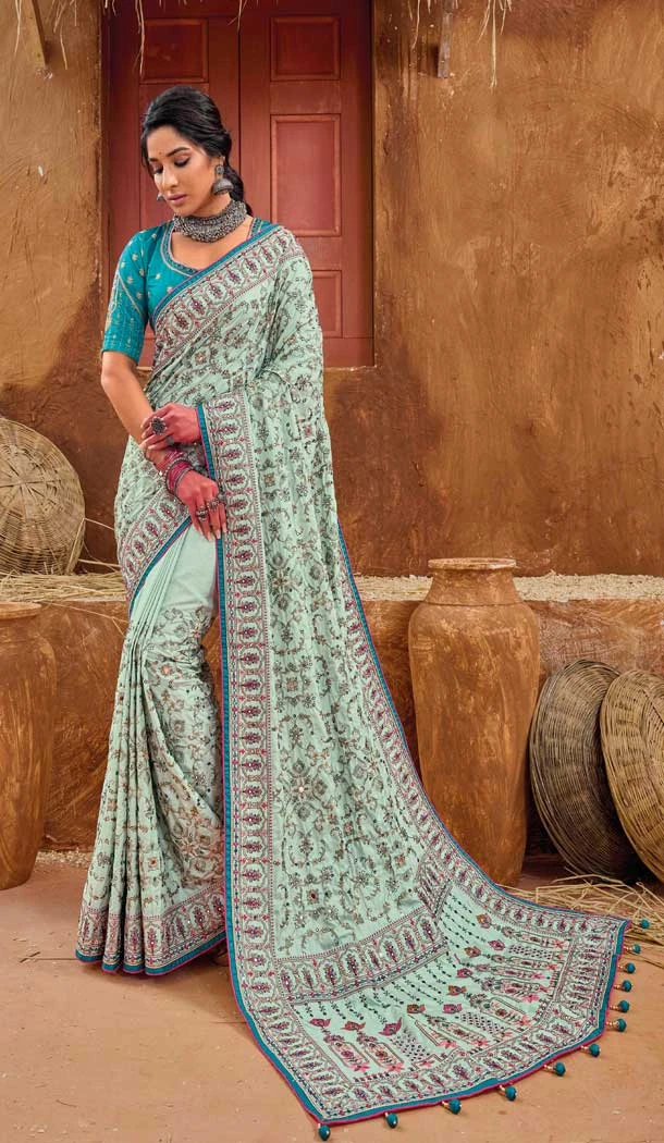Traditional Banarasi Silk With Diamond And Mirror Work Wedding Wear Saree In Pista - 7711177807