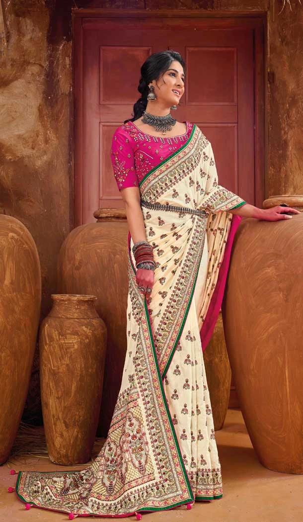 Traditional Banarasi Silk With Diamond And Mirror Work Wedding Wear Saree In Cream - 7711177808