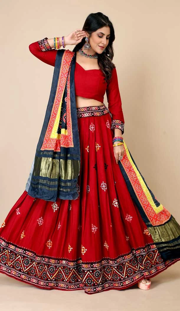 Red Color Navratri Chaniya Choli In Liva Rayon With Thread Embroidery Work - 7713177815