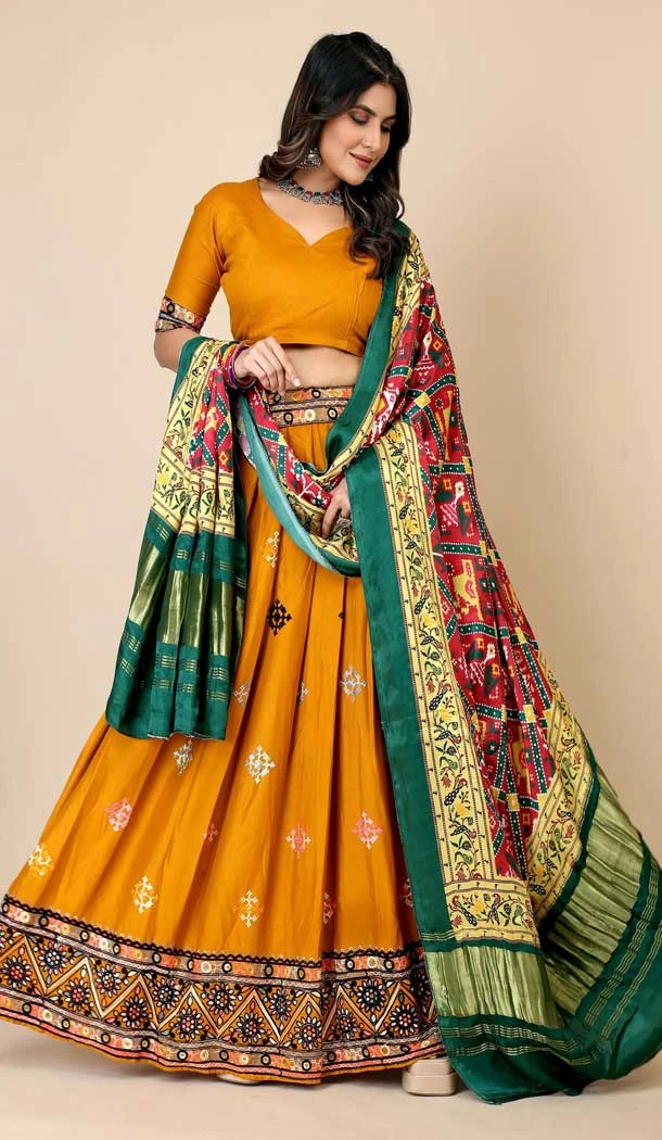 Mustard Color Navratri Chaniya Choli In Liva Rayon With Thread Embroidery Work - 7713177816