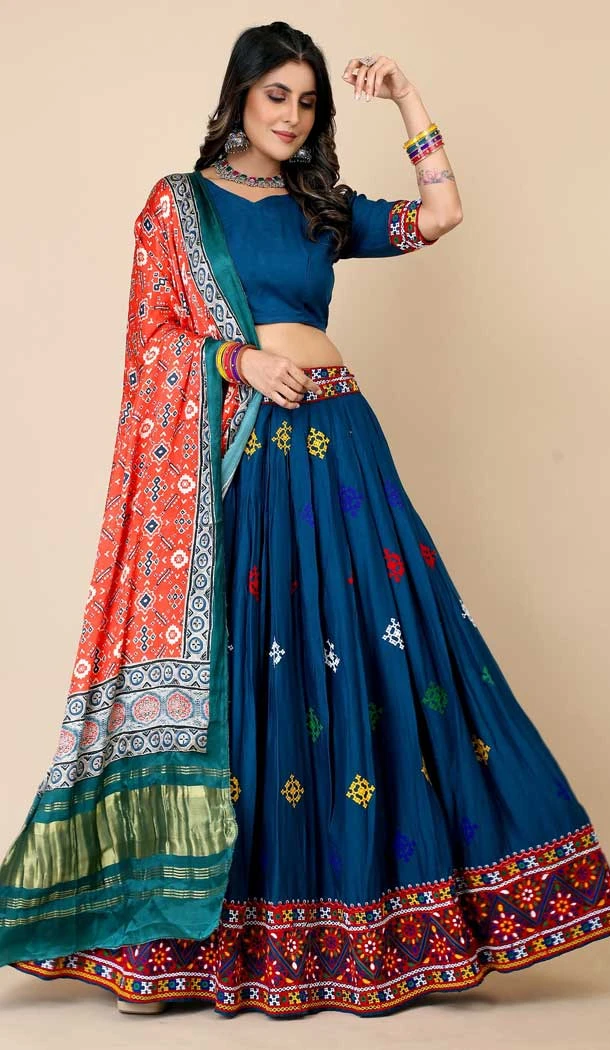 Blue Color Navratri Chaniya Choli In Liva Rayon With Thread Embroidery Work - 7713177817