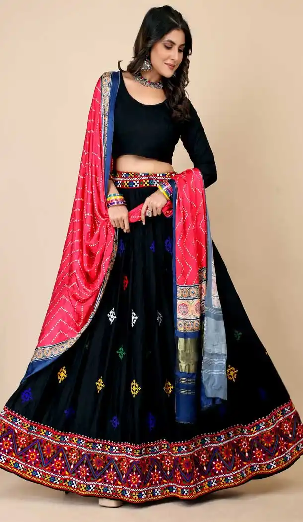 Black Color Navratri Chaniya Choli In Liva Rayon With Thread Embroidery Work - 7713177818