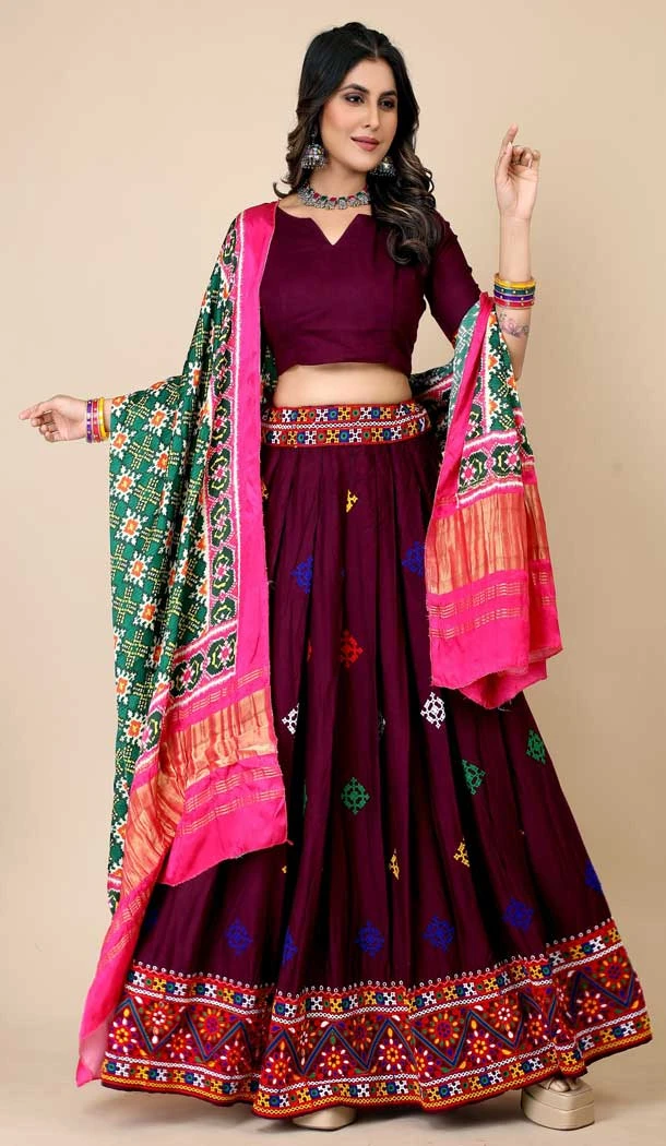 Burgundy Color Navratri Chaniya Choli In Liva Rayon With Thread Embroidery Work - 7713177819