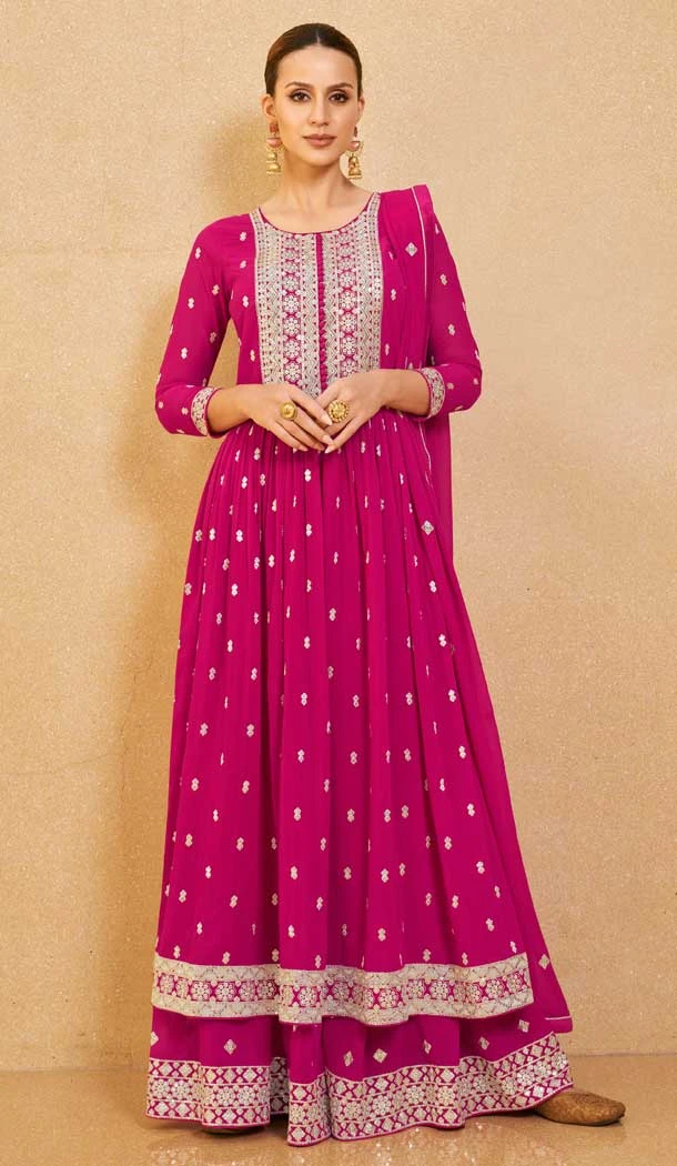 Embroidered Real Georgette Festival Wear Pakistani Style Palazzo Salwar Suit In Pink - 7720177832