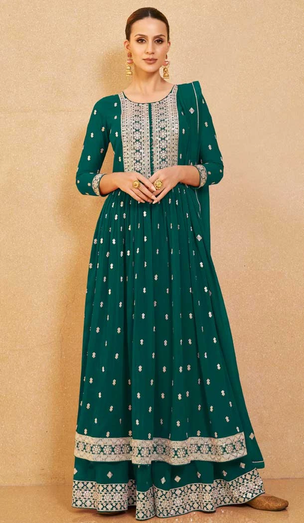 Embroidered Real Georgette Festival Wear Pakistani Style Palazzo Salwar Suit In Green - 7720177834