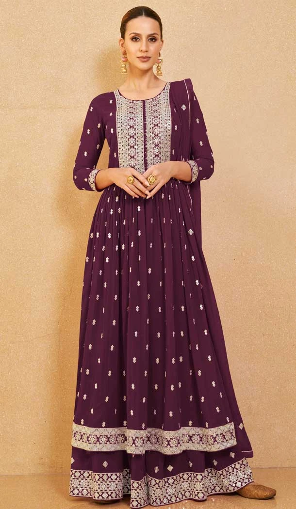 Embroidered Real Georgette Festival Wear Pakistani Style Palazzo Salwar Suit In Burgundy - 7720177835