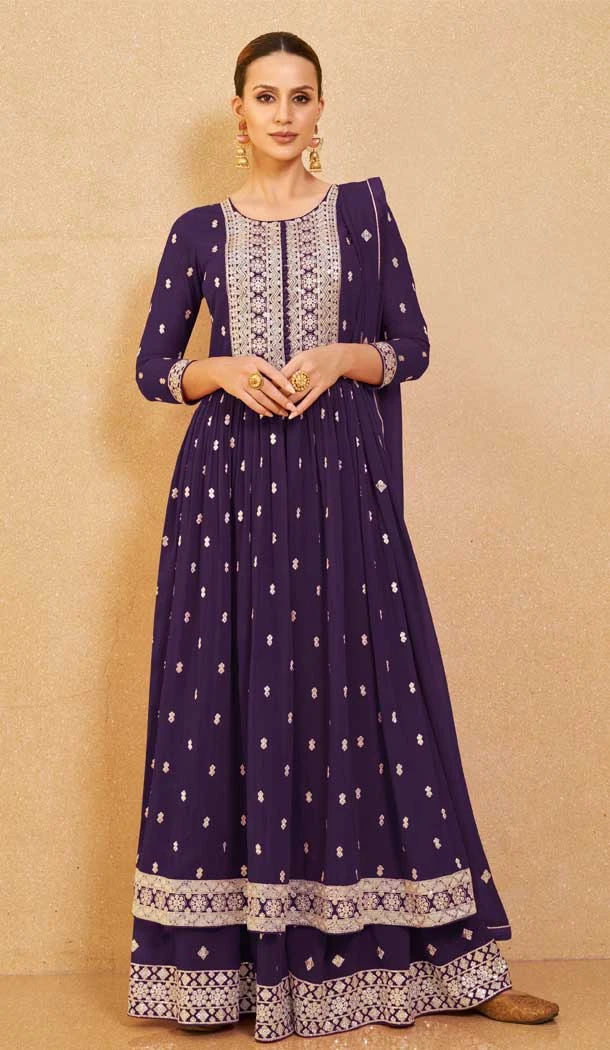 Embroidered Real Georgette Festival Wear Pakistani Style Palazzo Salwar Suit In Wine - 7720177836