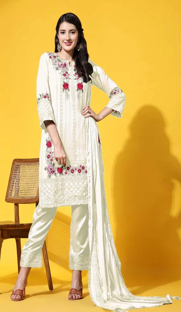 Casual Party Wear Faux Georgette Embroidered Salwar Suit In Off White - 7743177960