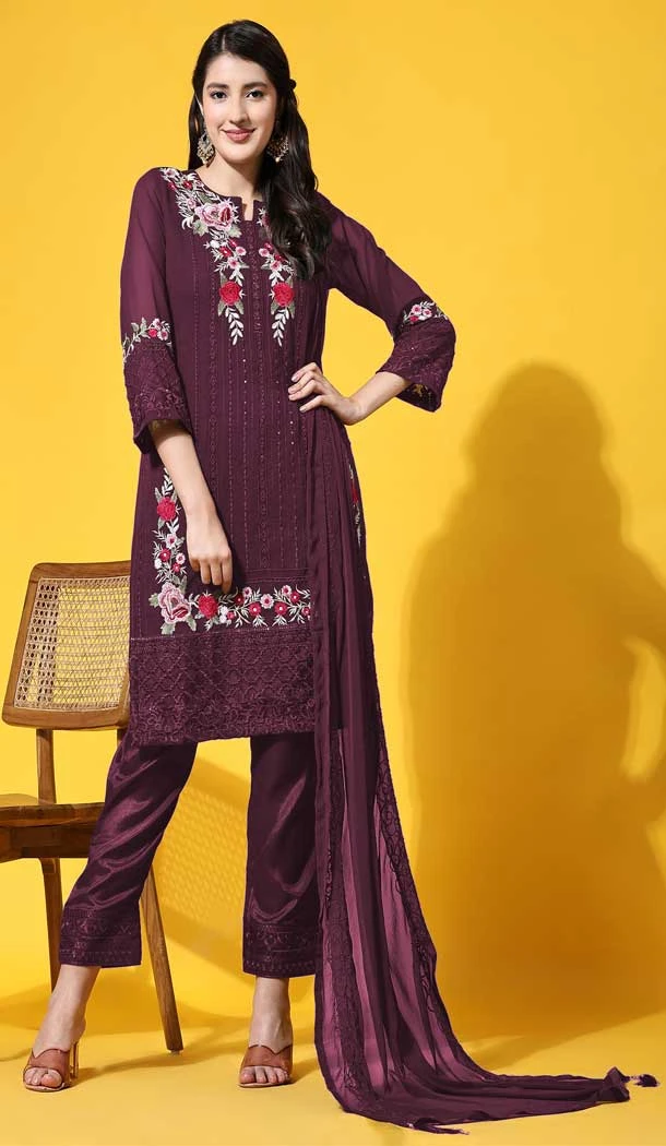 Casual Party Wear Faux Georgette Embroidered Salwar Suit In Purple - 7743177961