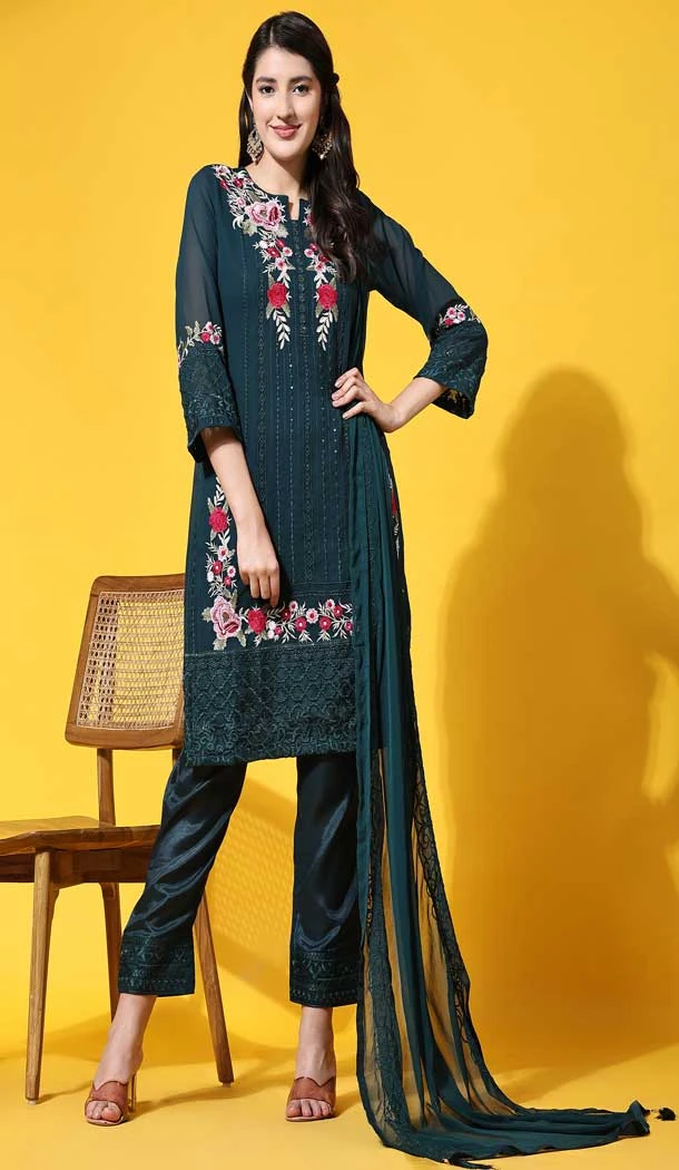 Casual Party Wear Faux Georgette Embroidered Salwar Suit In Rama - 7743177962
