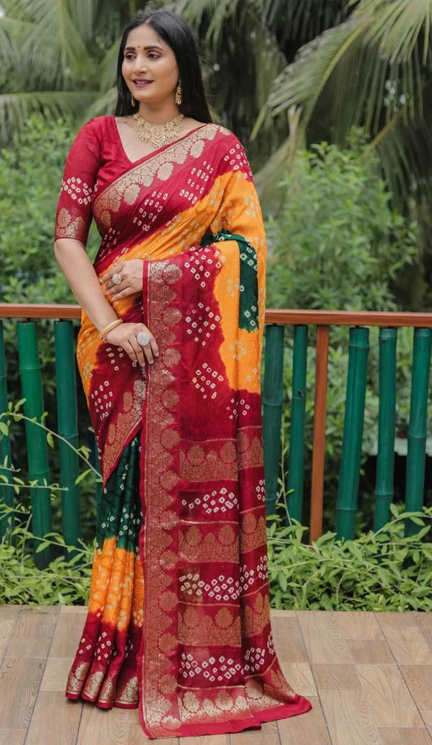 Red and Yallow Color Pure Bandhej Silk Printed Work Traidiotnal Wear Bandhni Saree -6371169138