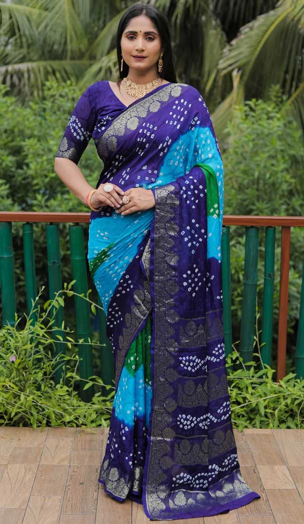 Ethnic Blue Color Pure Bandhej Silk Printed Work Traidiotnal Wear Bandhni Saree -6371169139