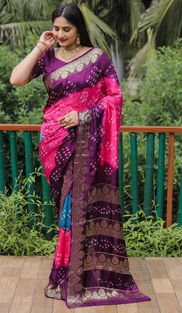 Purple Color Pure Bandhej Silk Printed Work Traidiotnal Wear Bandhni Saree -6371169141
