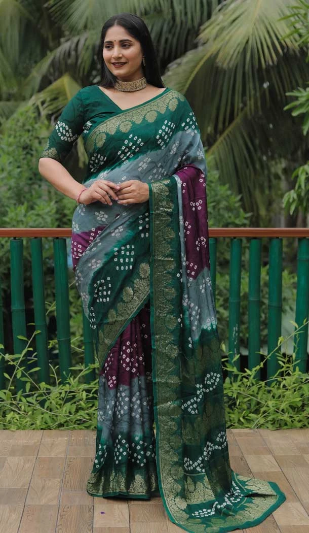 Green and Grey Color Pure Bandhej Silk Printed Work Traidiotnal Wear Bandhni Saree -6371169142