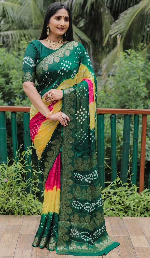 Rama Green Color Pure Bandhej Silk Printed Work Traidiotnal Wear Bandhni Saree -6371169143