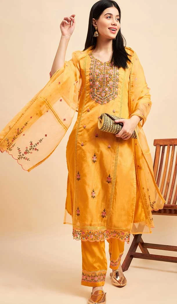 Mustard Color Organza Embroidery Work Festive Wear Readymade Salwar Suit - 7744177963