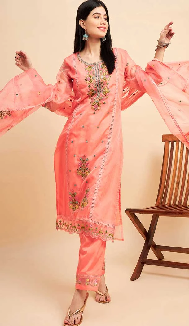 Dark Peach Color Organza Embroidery Work Festive Wear Readymade Salwar Suit - 7744177964