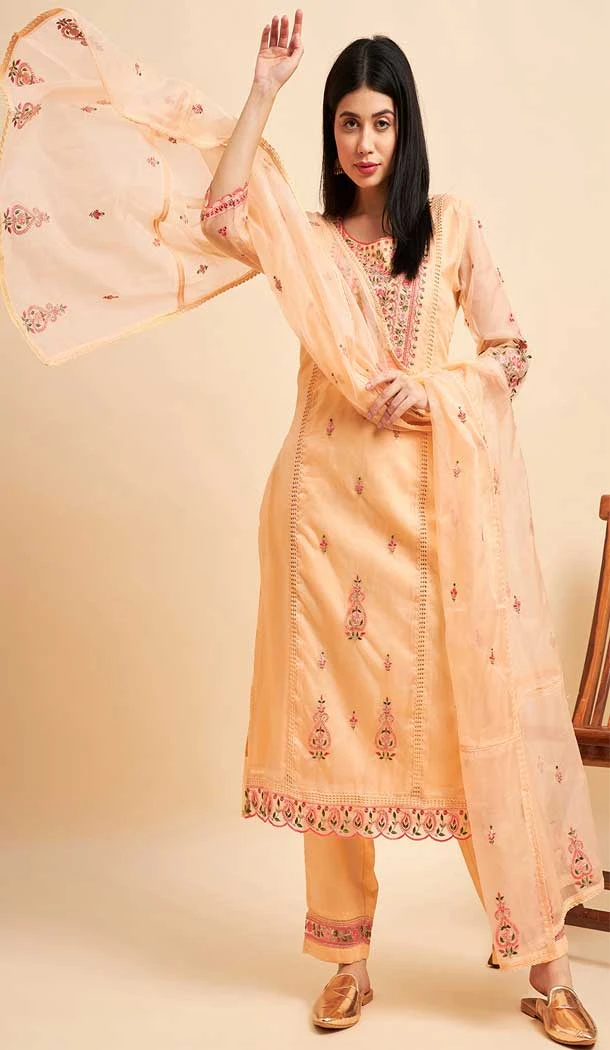 Peach Color Organza Embroidery Work Festive Wear Readymade Salwar Suit - 7744177966