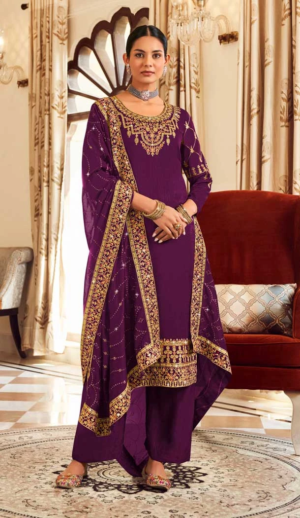 Purple Party Wear In Pure Vichitra With Embroidery Work Pakistani Palazzo Salwar Kameez - 7839178582