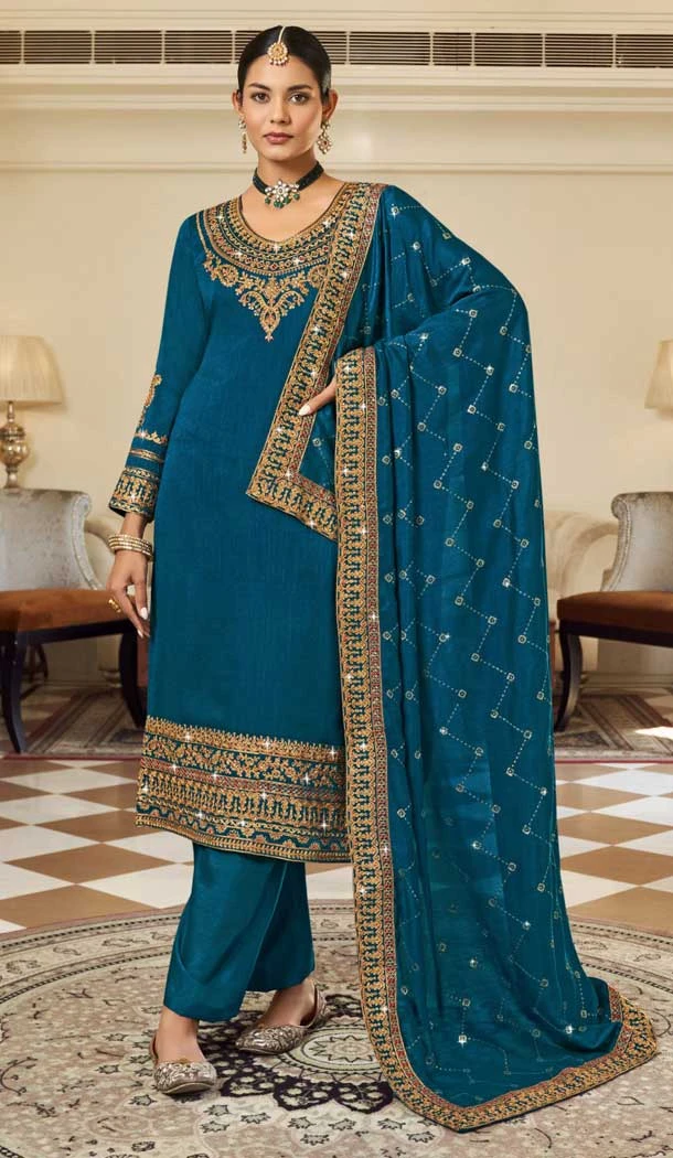 Teal Party Wear In Pure Vichitra With Embroidery Work Pakistani Palazzo Salwar Kameez - 7839178583