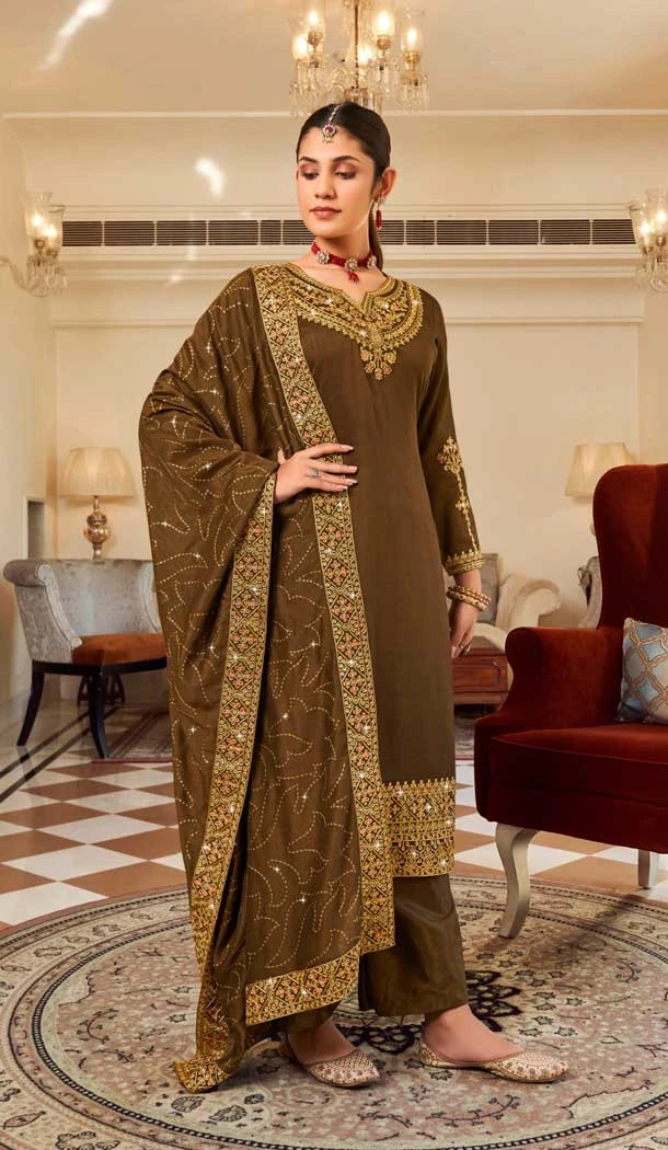 Brown Party Wear In Pure Vichitra With Embroidery Work Pakistani Palazzo Salwar Kameez - 7839178584