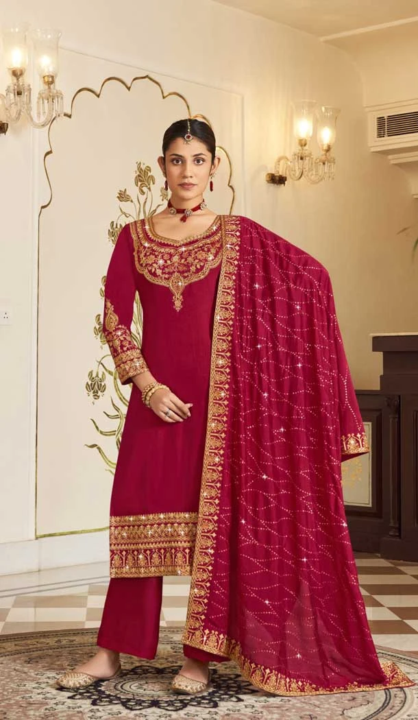 Pink Party Wear In Pure Vichitra With Embroidery Work Pakistani Palazzo Salwar Kameez - 7839178585