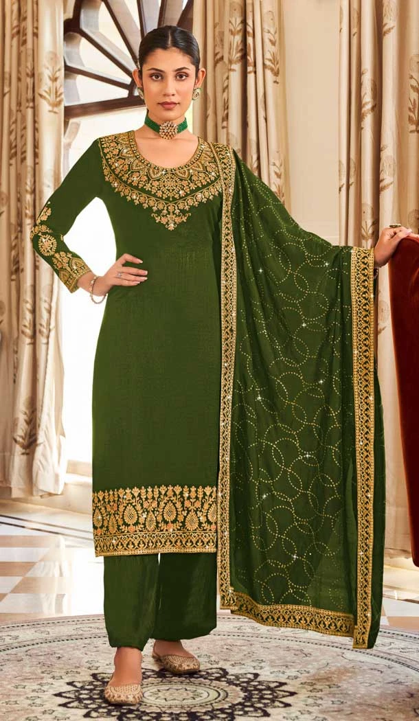 Mehendi Green Party Wear In Pure Vichitra With Embroidery Work Pakistani Palazzo Salwar Kameez - 7839178587