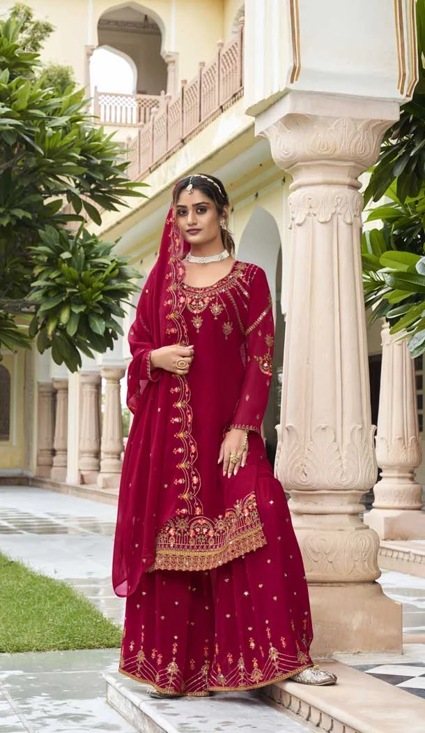 Georgette With Embroidery Work Festive Wear Pakistani Palazzo Salwar Kameez In Pink - 7837178571
