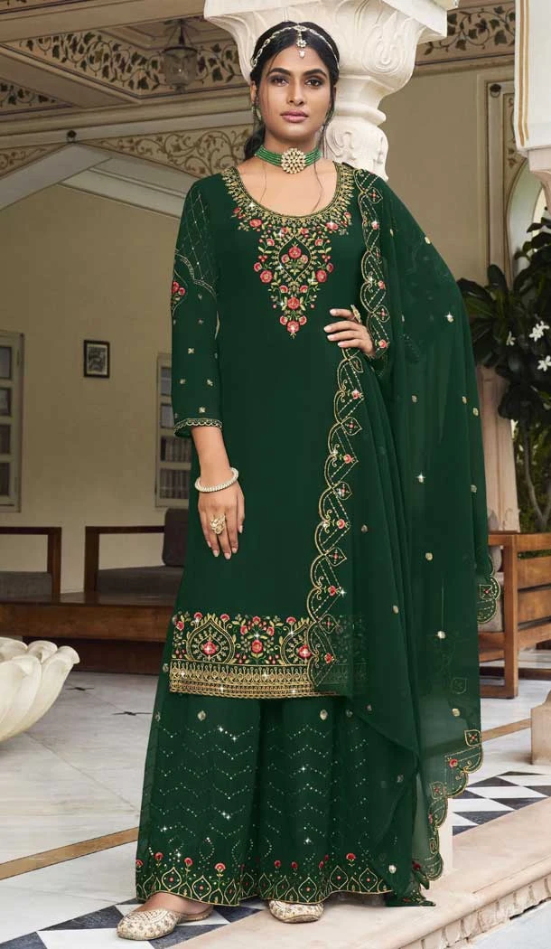 Georgette With Embroidery Work Festive Wear Pakistani Palazzo Salwar Kameez In Green - 7837178572