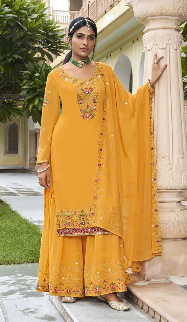 Georgette With Embroidery Work Festive Wear Pakistani Palazzo Salwar Kameez In Yellow - 7837178573