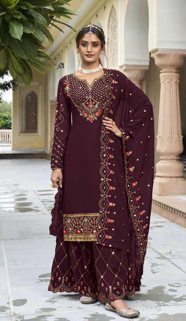 Georgette With Embroidery Work Festive Wear Pakistani Palazzo Salwar Kameez In Wine - 7837178574