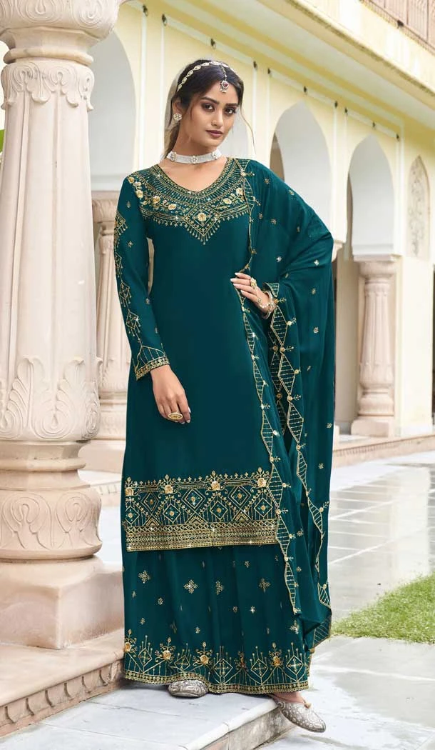 Georgette With Embroidery Work Festive Wear Pakistani Palazzo Salwar Kameez In Teal - 7837178575