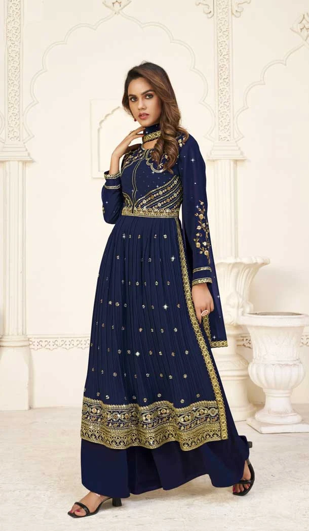 Navy Blue Color Georgette Embroidery Work Party Wear Palazzo Salwar Suit - 7834178559