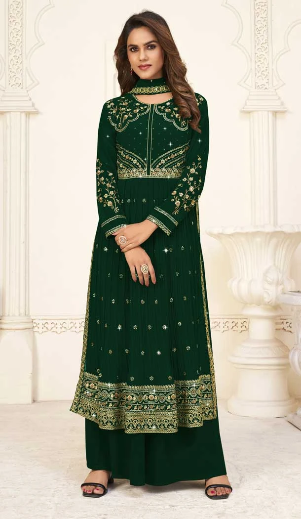 Green Color Georgette Embroidery Work Party Wear Palazzo Salwar Suit - 7834178560