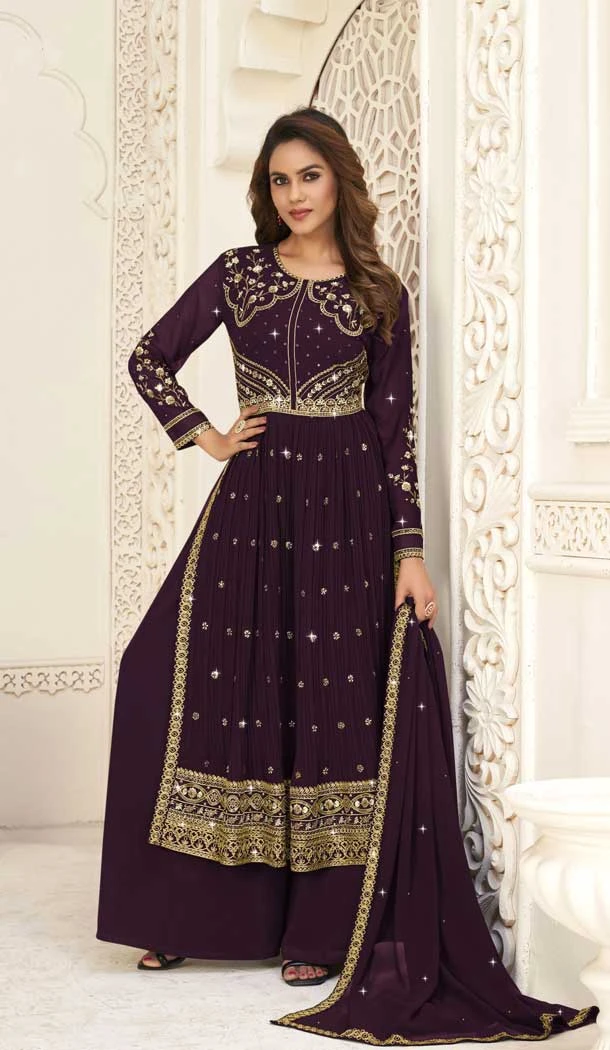 Wine Color Georgette Embroidery Work Party Wear Palazzo Salwar Suit - 7834178561