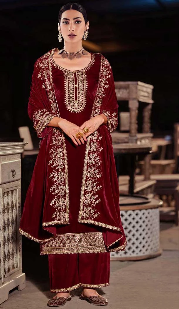 Velvet With Embroidery Work Pakistani Style Palazzo Salwar Kameez In Maroon - 7833178554