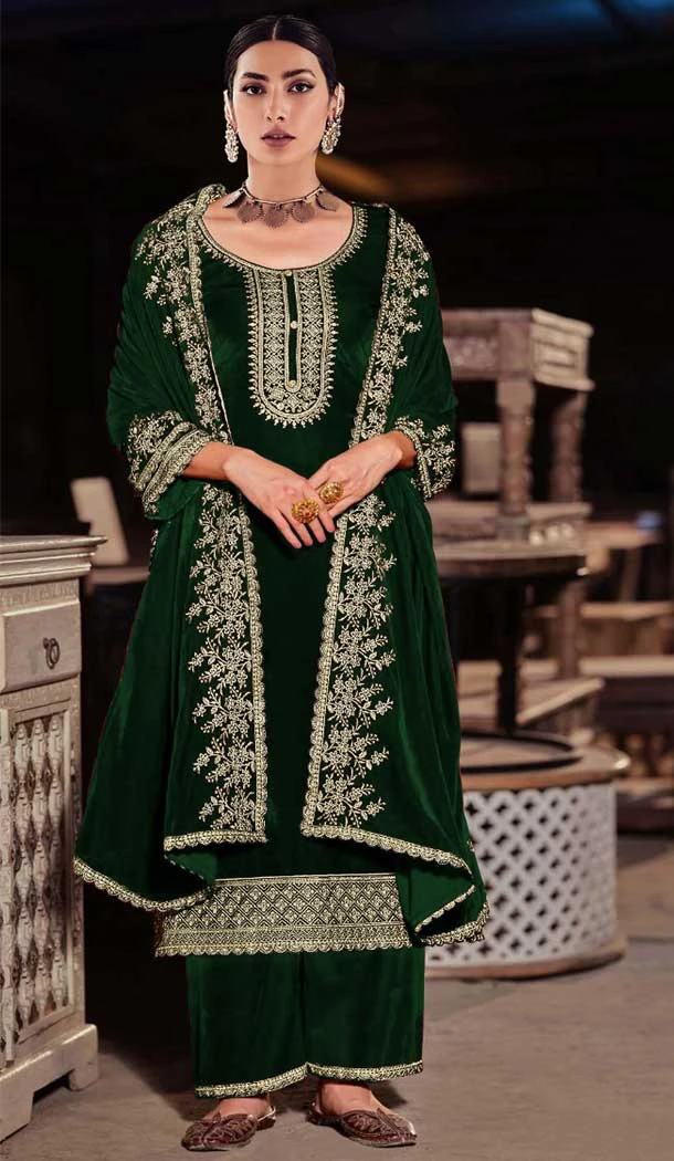 Velvet With Embroidery Work Pakistani Style Palazzo Salwar Kameez In Green - 7833178555