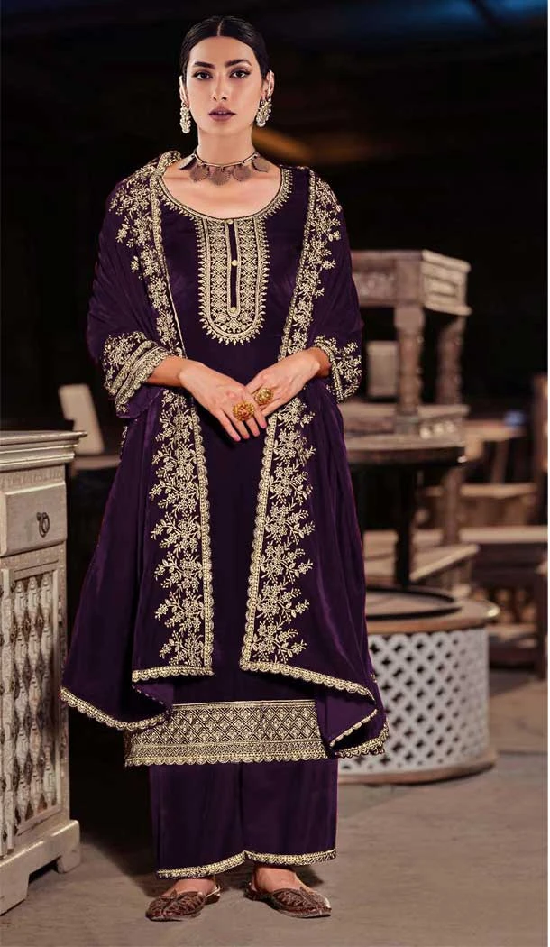 Velvet With Embroidery Work Pakistani Style Palazzo Salwar Kameez In Purple - 7833178556