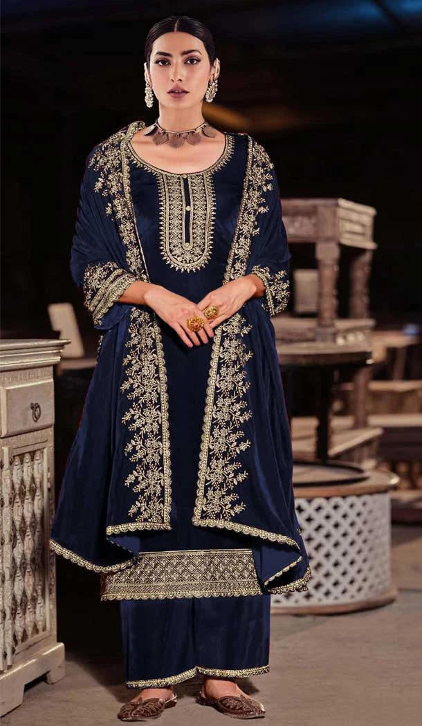 Velvet With Embroidery Work Pakistani Style Palazzo Salwar Kameez In Navy Blue - 7833178557
