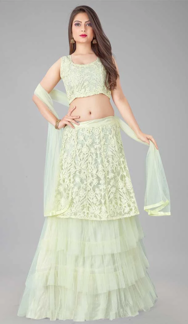 Net With Embroidery Work Party Wear Lehenga Choli In Cream - 7829178534