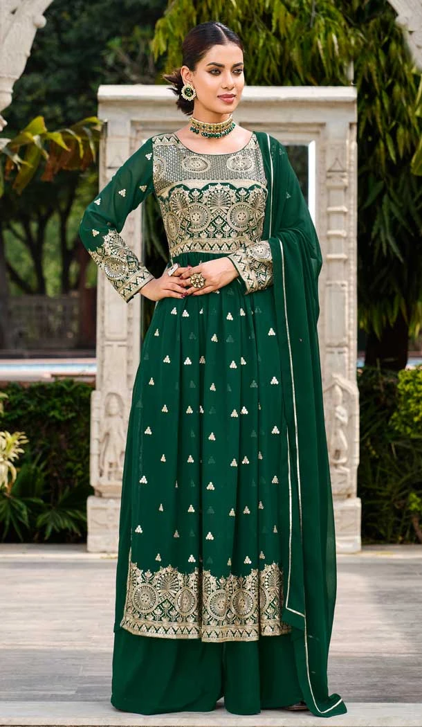 Green Color Fox Georgette Sequence Work Party Wear Readymade Palazzo Salwar Kameez - 7747177977