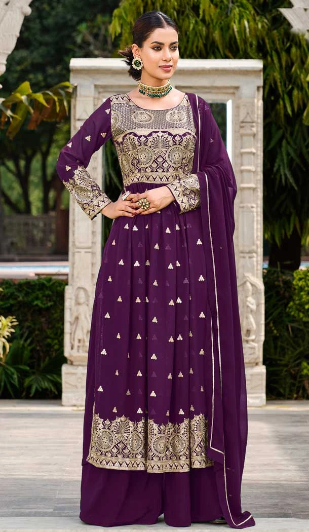 Wine Color Fox Georgette Sequence Work Party Wear Readymade Palazzo Salwar Kameez - 7747177978