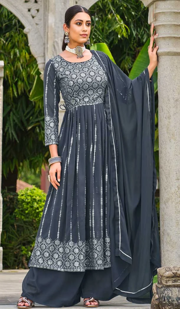 Grey Color Fox Georgette Sequence Work Party Wear Readymade Palazzo Salwar Kameez - 7747177979