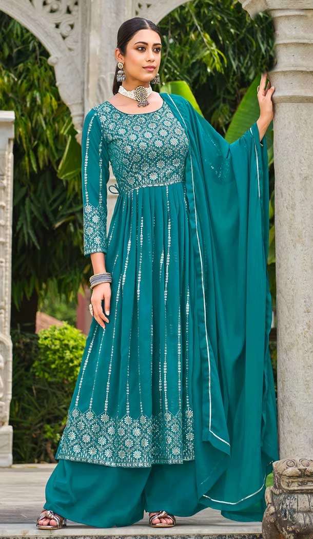 Teal Blue Color Fox Georgette Sequence Work Party Wear Readymade Palazzo Salwar Kameez - 7747177980