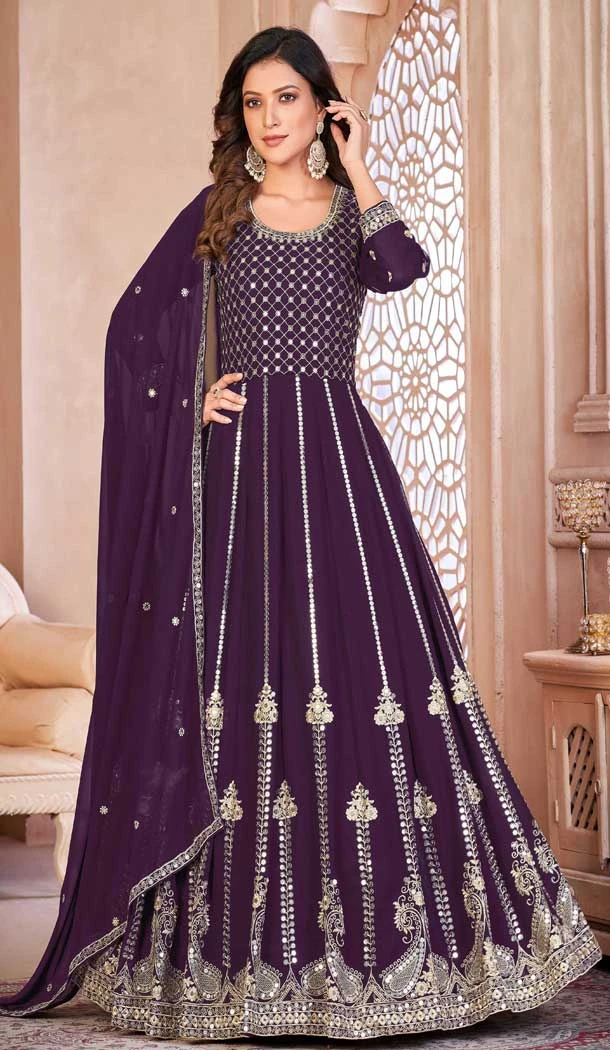 Majestic Traditional Faux Georgette With Embroidery Work Anarkali Salwar Suit In Wine - 7746177974