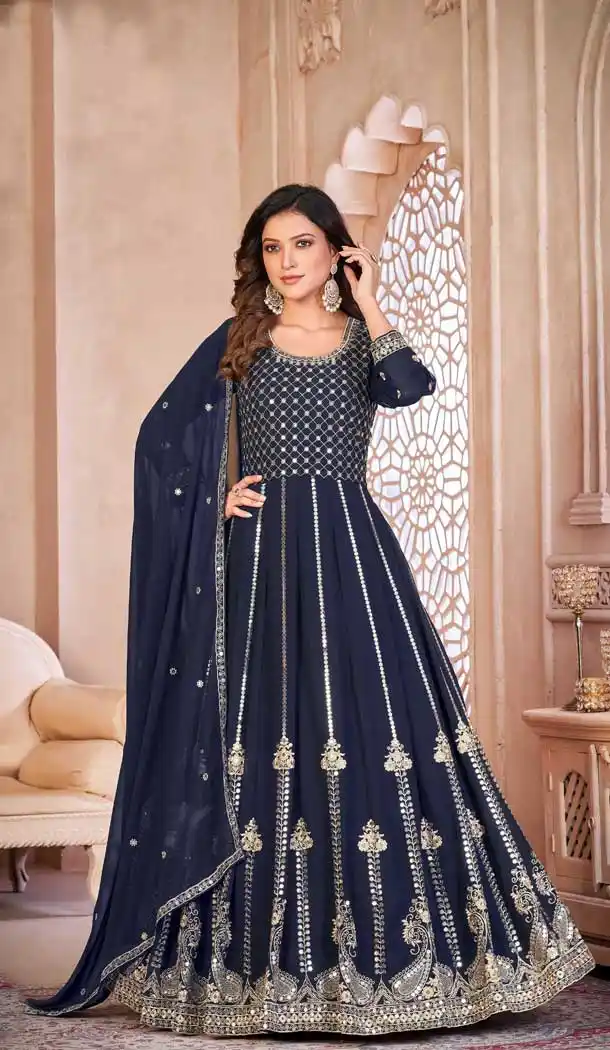 Adorable Traditional Faux Georgette With Embroidery Work Anarkali Salwar Suit In Navy Blue - 7746177975