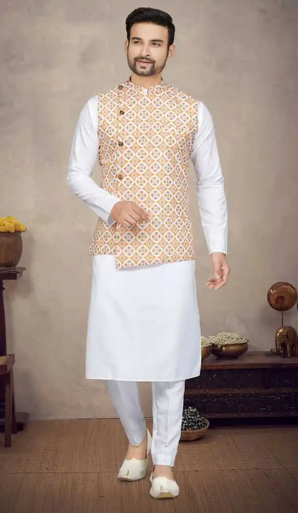 White Color Cotton Printed Work Function Wear Designer Men's Kurta Pajama With Jacket - 7674177561