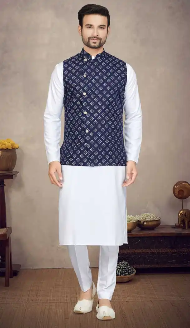 Function Wear White Color Cotton Printed Work Designer Men's Kurta Pajama With Jacket - 7674177564