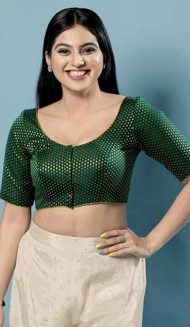 Green Color Brocade Jacquard Work Festival Wear Designer Readymade Blouse - 7730177874